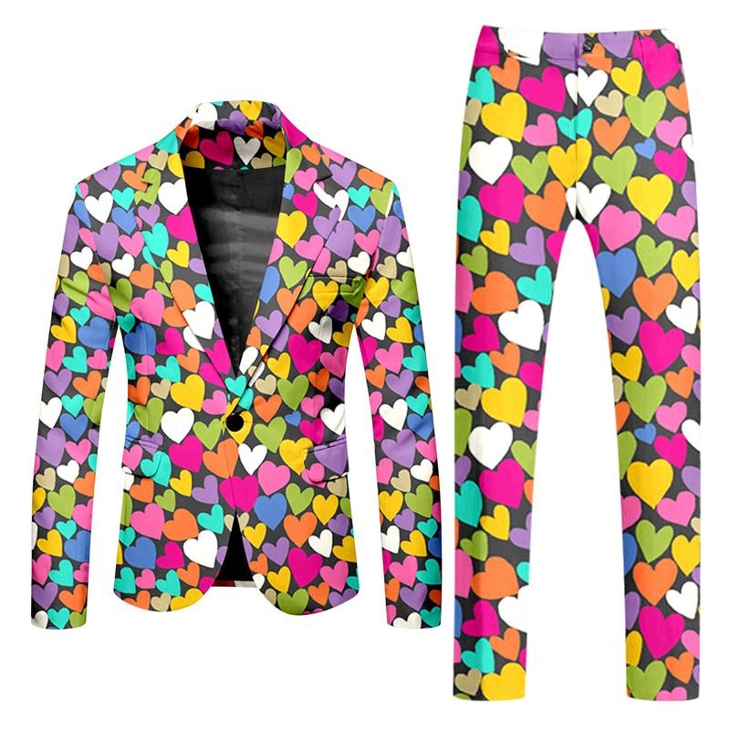Men Fashion Casual Party Valentine Heart Shape Print Long Sleeve Lapel Suit Trousers Set