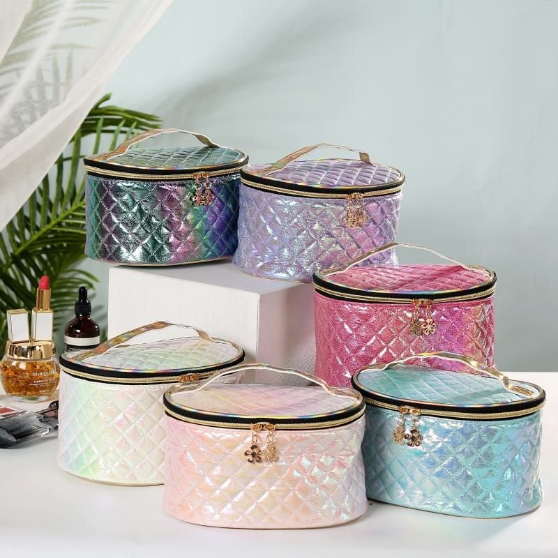 Women Fashion Multicolor Rhombus Stitching Zipper Cosmetic Bag