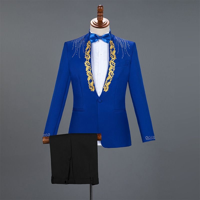 Men Fashion Casual Party Sequins Long Sleeve Stand Collar Suit Trousers Set