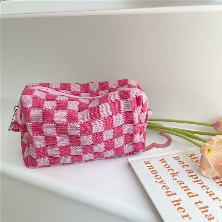 Korean Checkerboard Knitted Contrast Color Large Capacity Cosmetic Storage Bag