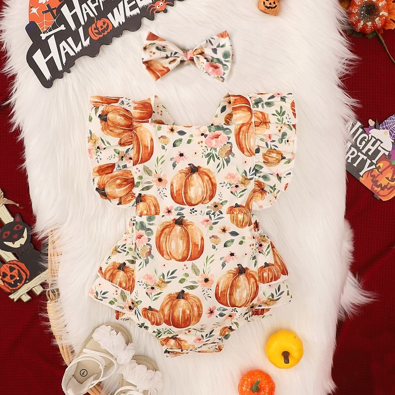 Kids Baby Girls Casual Cute Thanksgiving Pumpkin Print Short Sleeve Romper