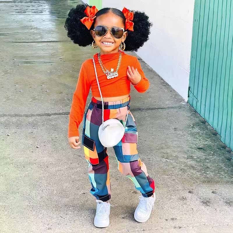 Kids Toddler Girls Fashion Casual Solid Color Long Sleeve T-Shirt Multicolor Plaid Trousers Sets