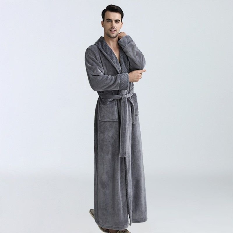 Men Winter Fashion Casual Home Solid Color Flannel Lapel Long Sleeve Robes Sleepwear