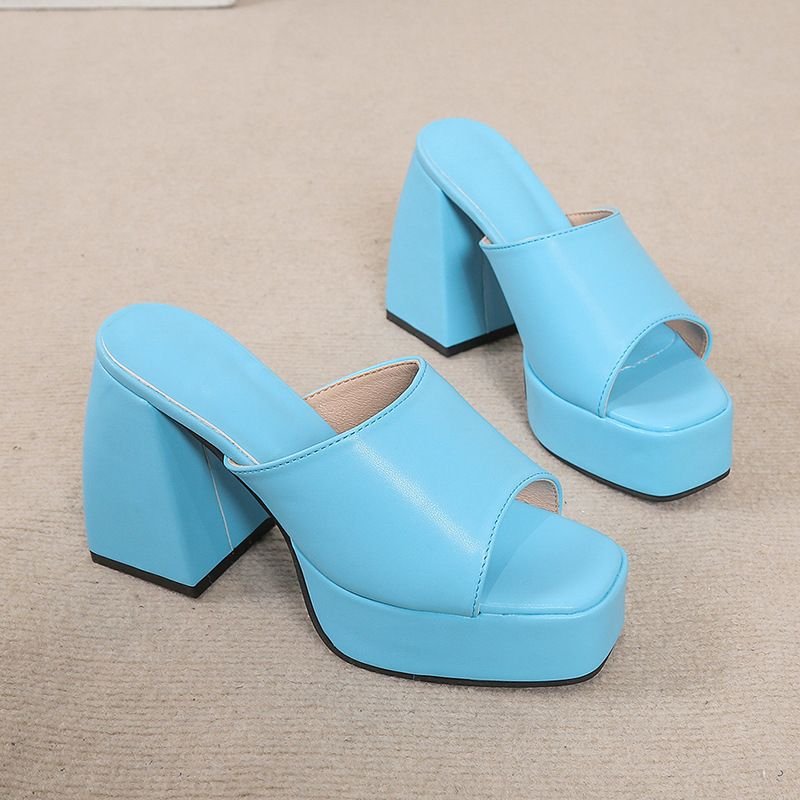 Women Fashion Square Toe Solid Color Chunky Heel Slippers Plus Size