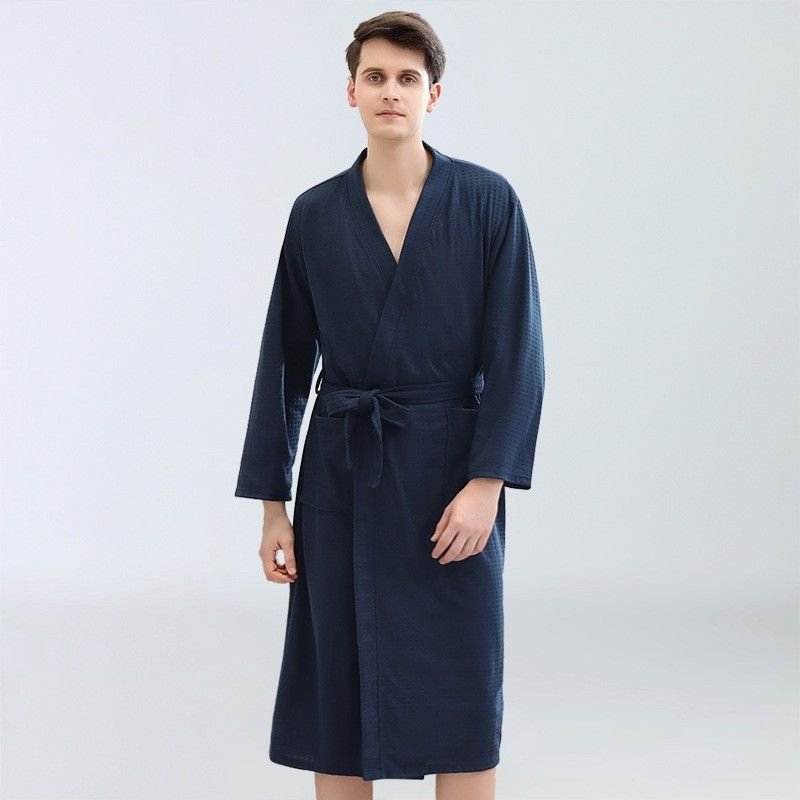 Couples Fashion Casual Home Solid Color Waffle V Neck Long Sleeve Robes Sleepwear