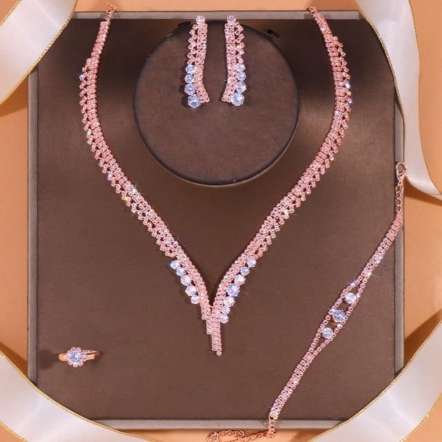 Women Fashion Simple Diamond Necklace Earrings Bracelet Ring Jewelry Set