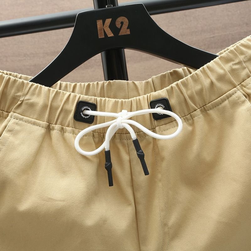 Men Casual Simple Mid Waist Tie Loose Shorts