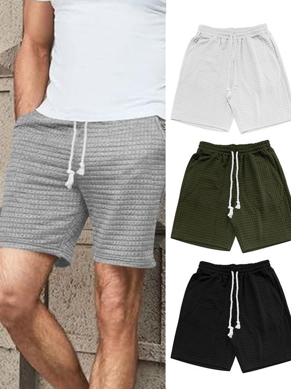 Men Summer Fashion Casual Solid Color Plaid Loose Shorts