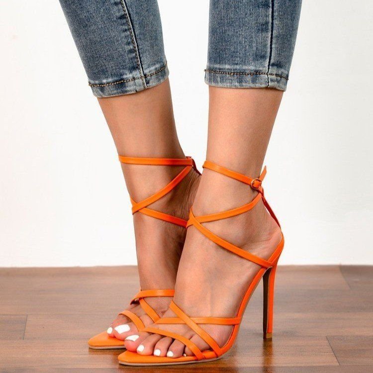 Women Fashion Sexy Plus Size Cross Strap Pointed Toe Heeled Sandals