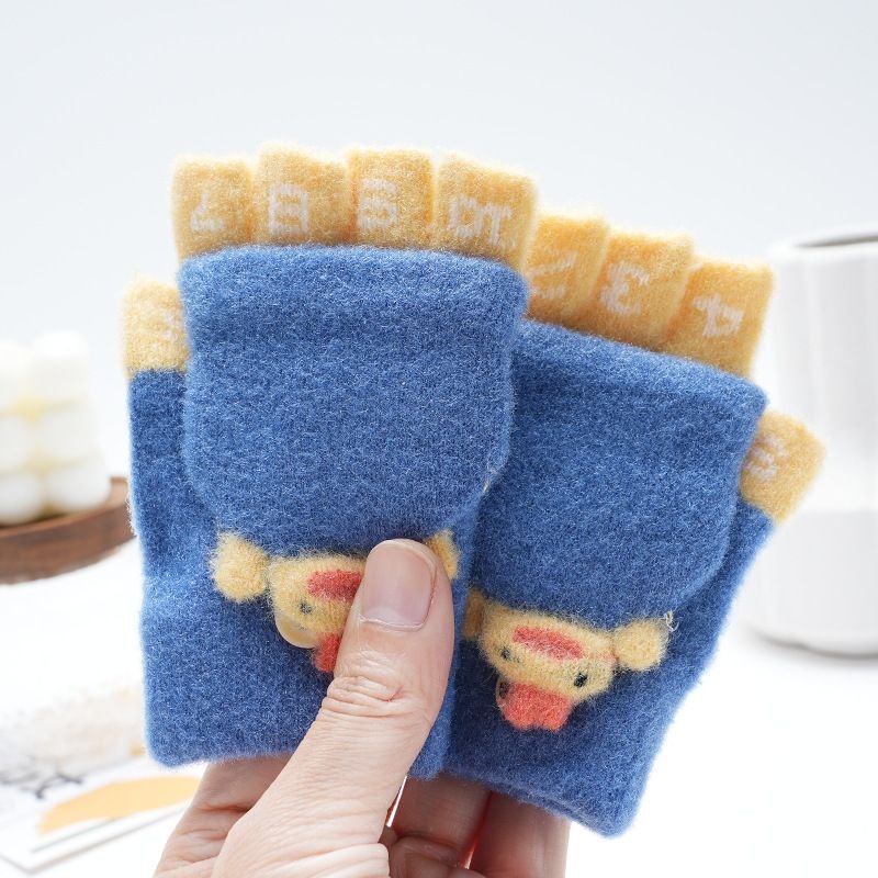 Kids Unisex Fall Winter Casual Cute Cartoon Fleeces Half Finger Clamshell Gloves