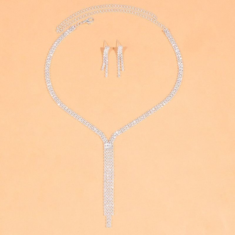 Full Rhinestone Women Party Exquisite Wedding Long Tassel Necklace Earrings Set