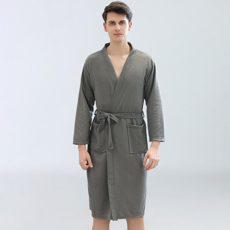Couples Fashion Casual Home Solid Color Waffle V Neck Long Sleeve Robes Sleepwear