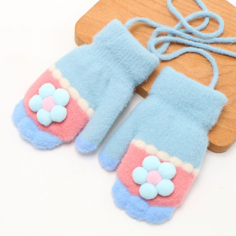 Kids Girls Fall Winter Casual Cute Flower Fleeces Knitwear Lanyard Gloves