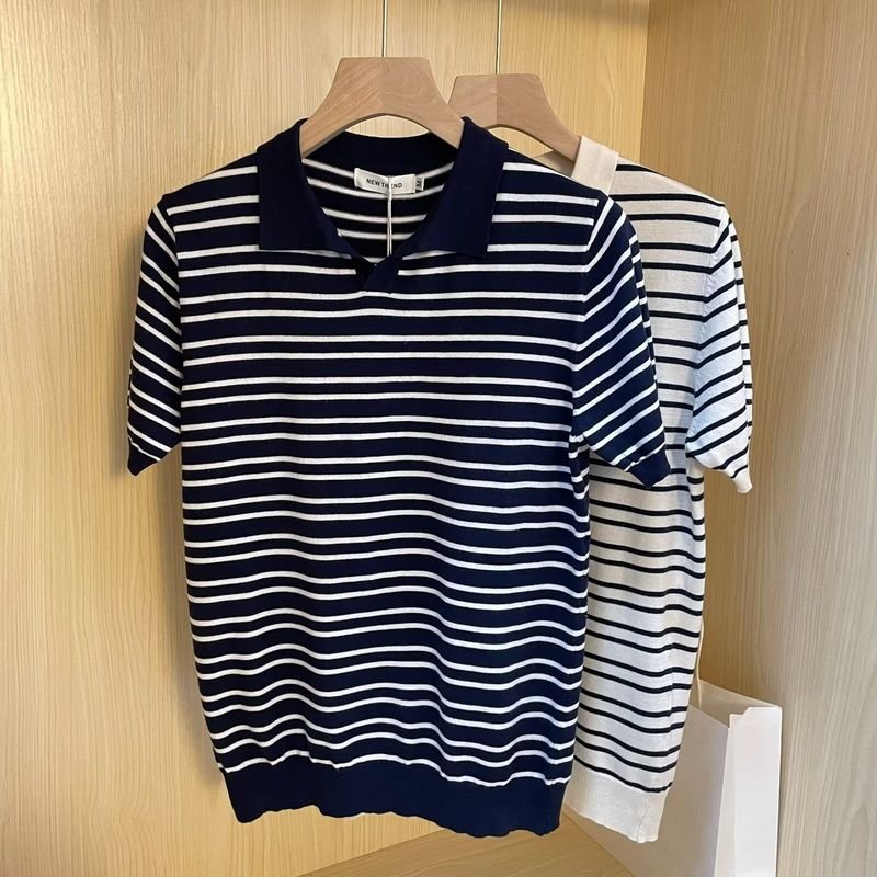 Men Fashion Casual Basic Stripe Print Short Sleeve Lapel POLO Shirt