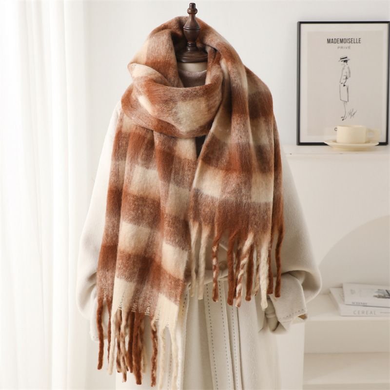 Autumn Winter Women Fashion Plaid Thickened Warm Tassel Scarf