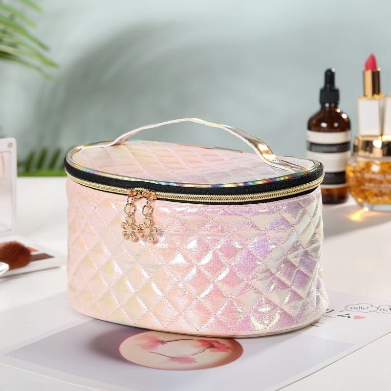 Women Fashion Multicolor Rhombus Stitching Zipper Cosmetic Bag