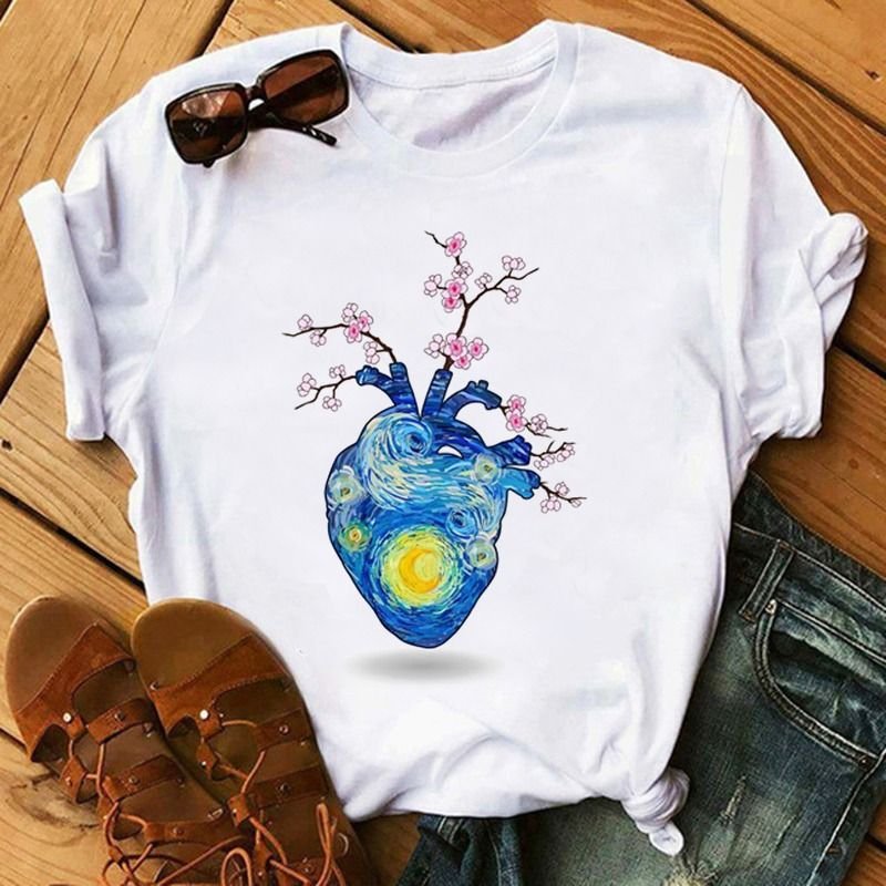 Summer Women Fashion Heart Floral Print Round Neck Short Sleeve T-Shirt