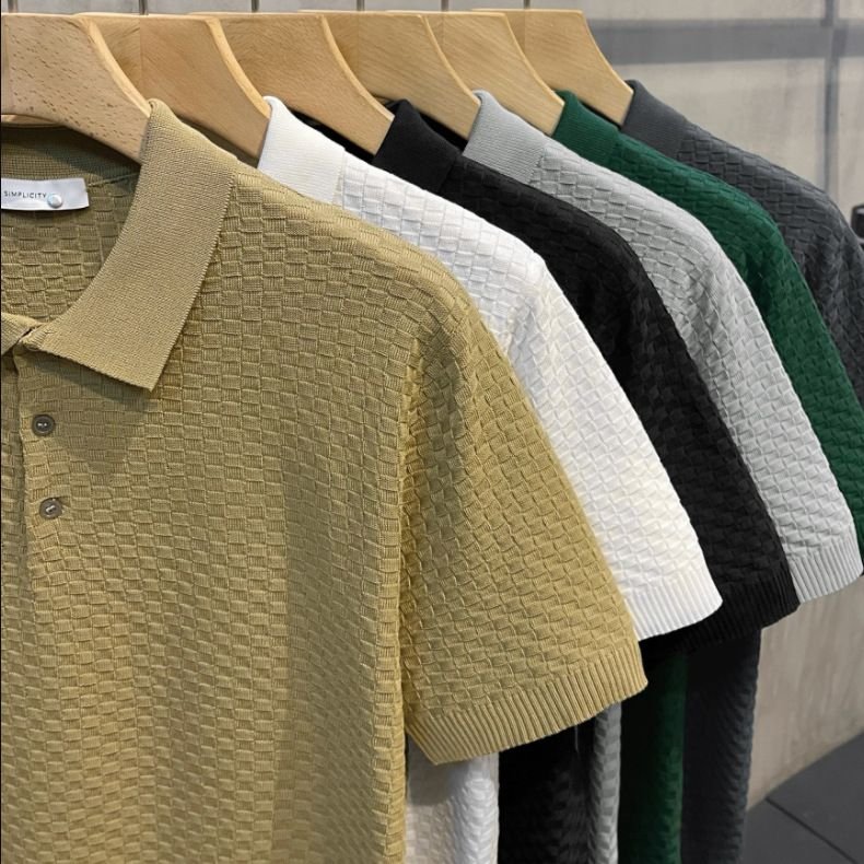 Men Fashion Casual Basic Solid Color Rib-Knit Short Sleeve Lapel POLO Shirt