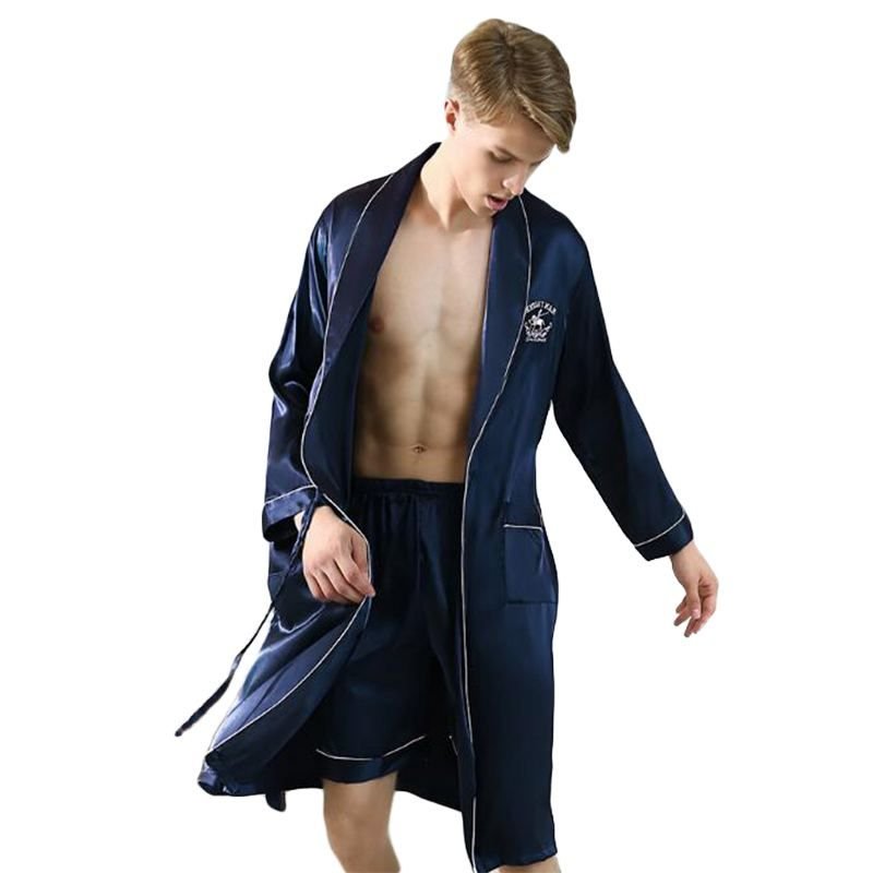 Men Contrast Binding Solid Color Robe And Sleep Short Set