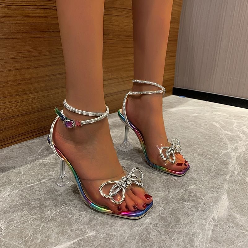 Summer Women Fashion Plus Size Sexy Bow Rhinestone Square Toe Heeled Sandals