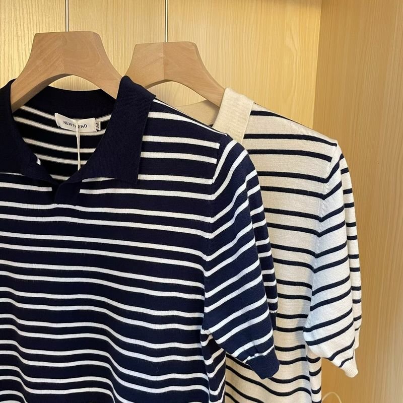 Men Fashion Casual Basic Stripe Print Short Sleeve Lapel POLO Shirt