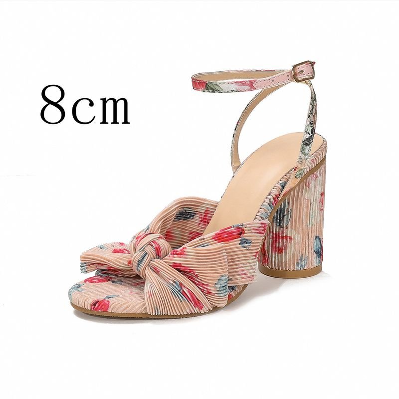 Summer Women Fashionable Plus Size Solid Color Bow Round Toe Heeled Sandals