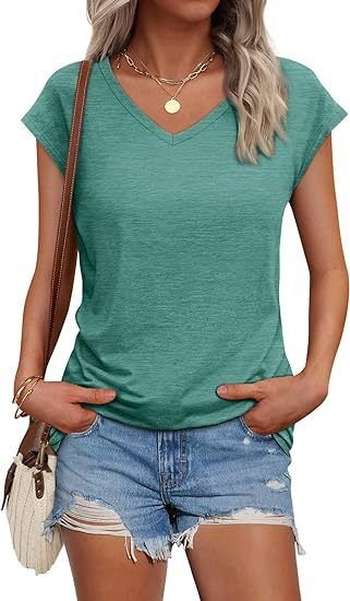 Summer Women Casual Solid Color V-Neck Short Sleeve Blank T-Shirt