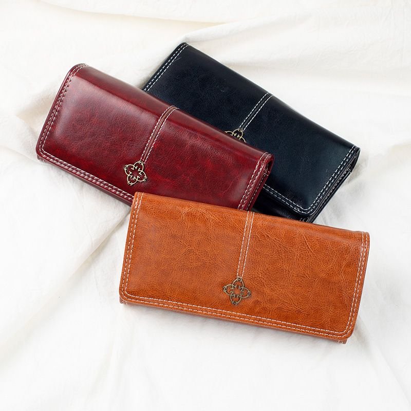 Women Fashion Vintage Oil Wax Leather Multi-Card Change Wallet Long Wallet