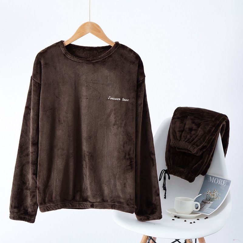 Men Autumn Winter Casual House Pajamas Solid Color Flannel Long Sleeve Lapel Top Trousers Sets