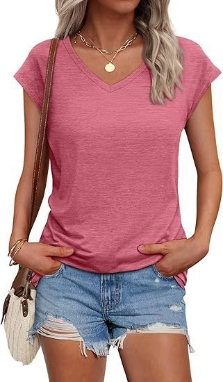 Summer Women Casual Solid Color V-Neck Short Sleeve Blank T-Shirt