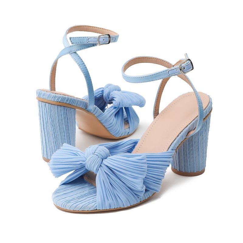 Summer Women Fashionable Plus Size Solid Color Bow Round Toe Heeled Sandals