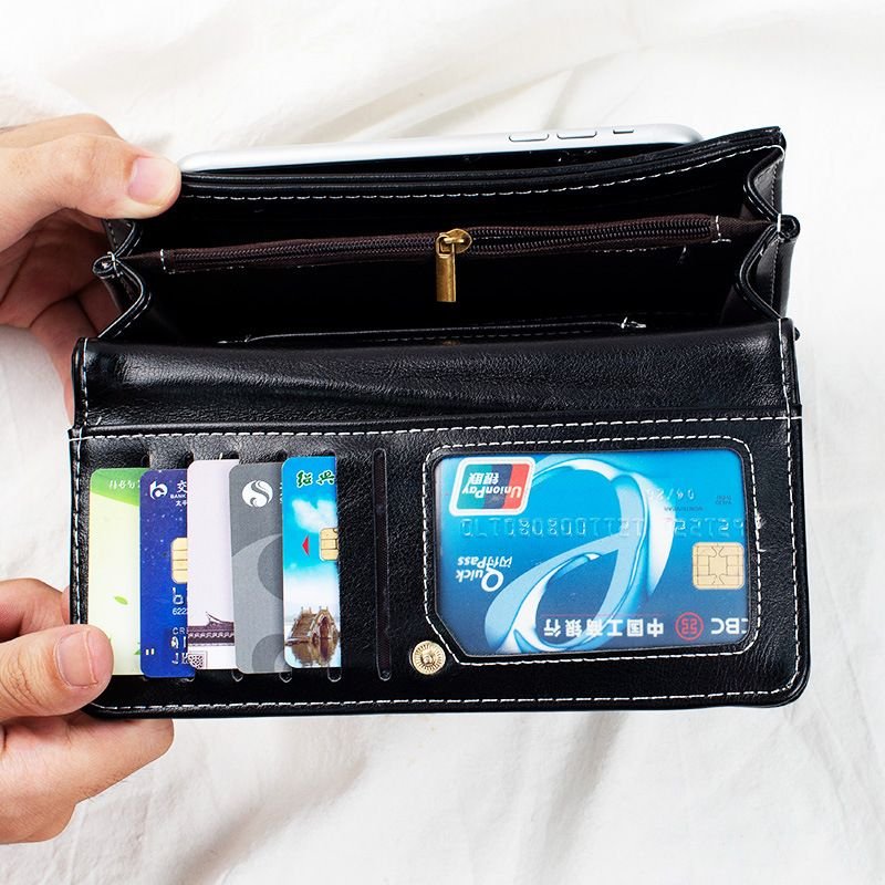Women Fashion Vintage Oil Wax Leather Multi-Card Change Wallet Long Wallet