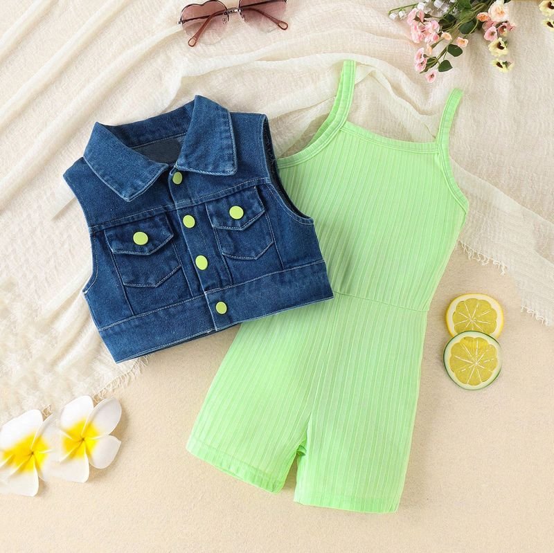 Kids Toddler Girls Fashion Casual Sleeveless Denim Vest Rib-Knit Jumpsuit Sets