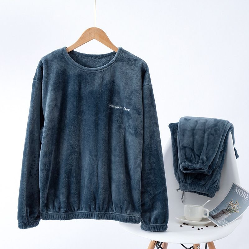 Men Autumn Winter Casual House Pajamas Solid Color Flannel Long Sleeve Lapel Top Trousers Sets