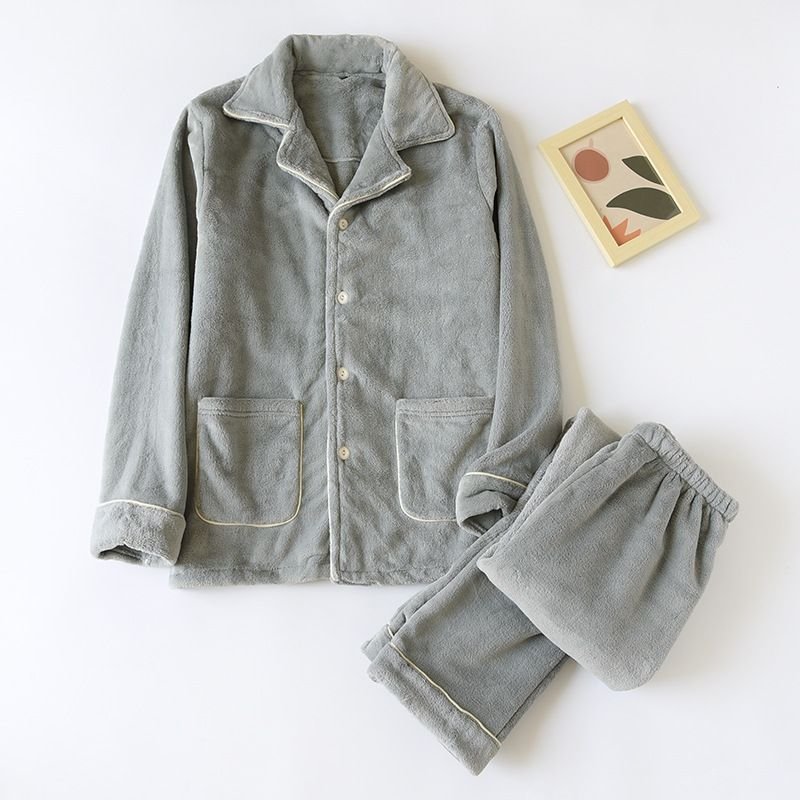 Men Autumn Winter Casual House Pajamas Solid Color Flannel Long Sleeve Lapel Top Trousers Sets