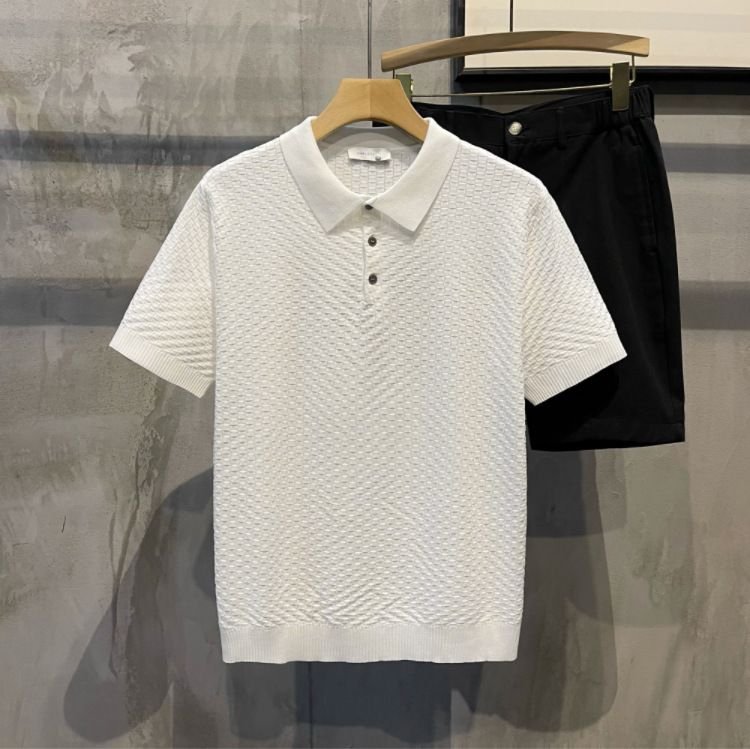Men Fashion Casual Basic Solid Color Rib-Knit Short Sleeve Lapel POLO Shirt