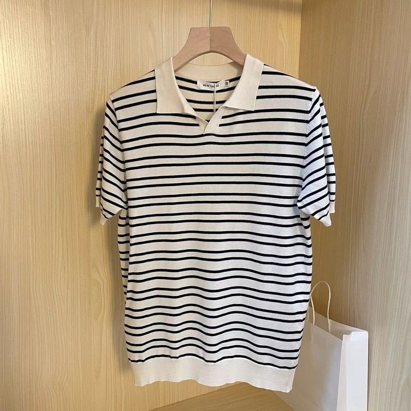 Men Fashion Casual Basic Stripe Print Short Sleeve Lapel POLO Shirt