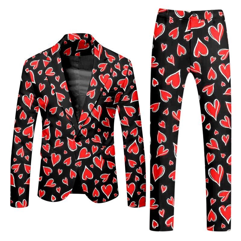 Men Fashion Casual Party Valentine Heart Shape Print Long Sleeve Lapel Suit Trousers Set