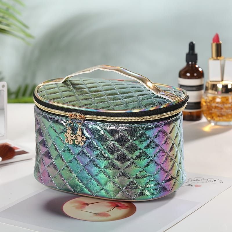 Women Fashion Multicolor Rhombus Stitching Zipper Cosmetic Bag