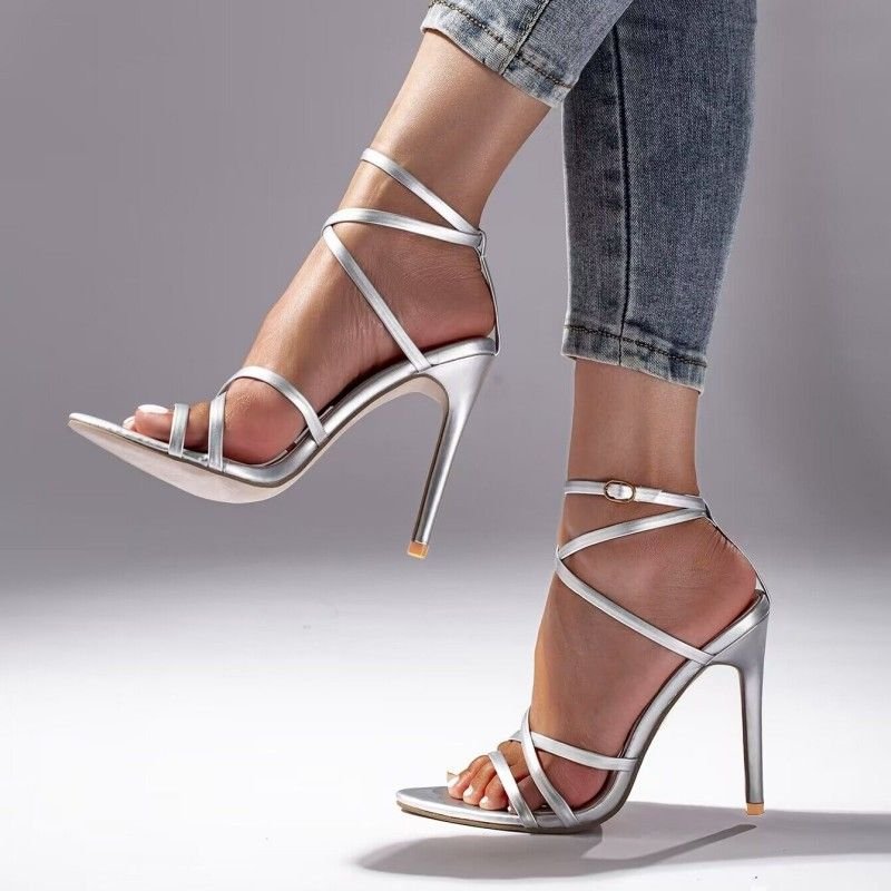 Women Fashion Sexy Plus Size Cross Strap Pointed Toe Heeled Sandals