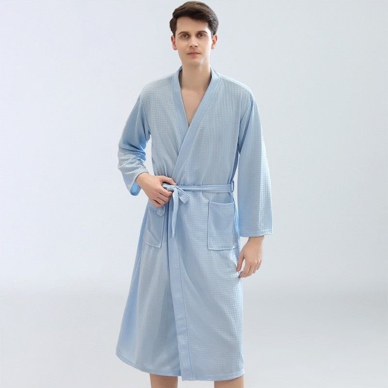 Couples Fashion Casual Home Solid Color Waffle V Neck Long Sleeve Robes Sleepwear