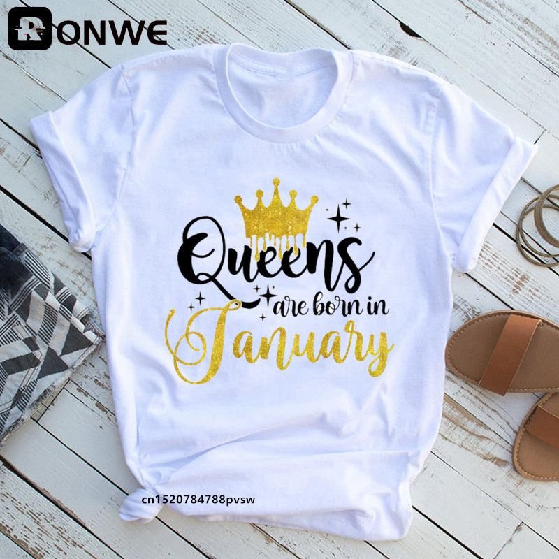 Fashion Women'S Short Sleeve Birthday Month Printed Crew Neck T-Shirt