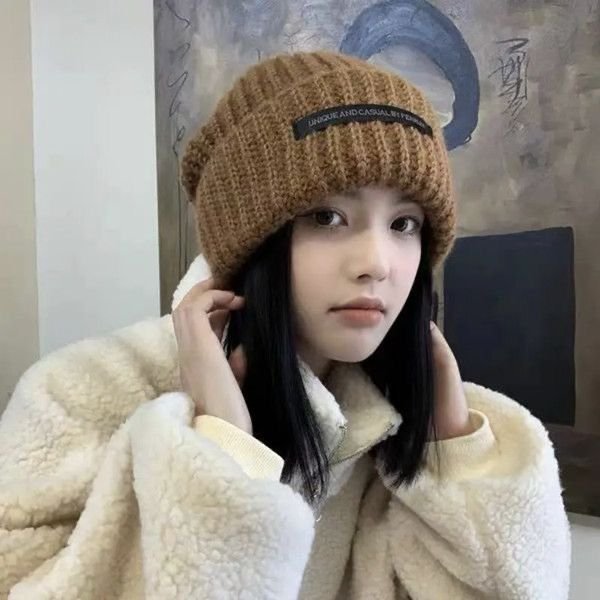 Women Autumn And Winter Patch Pile Big Head Wool Hat Knitted Beanie