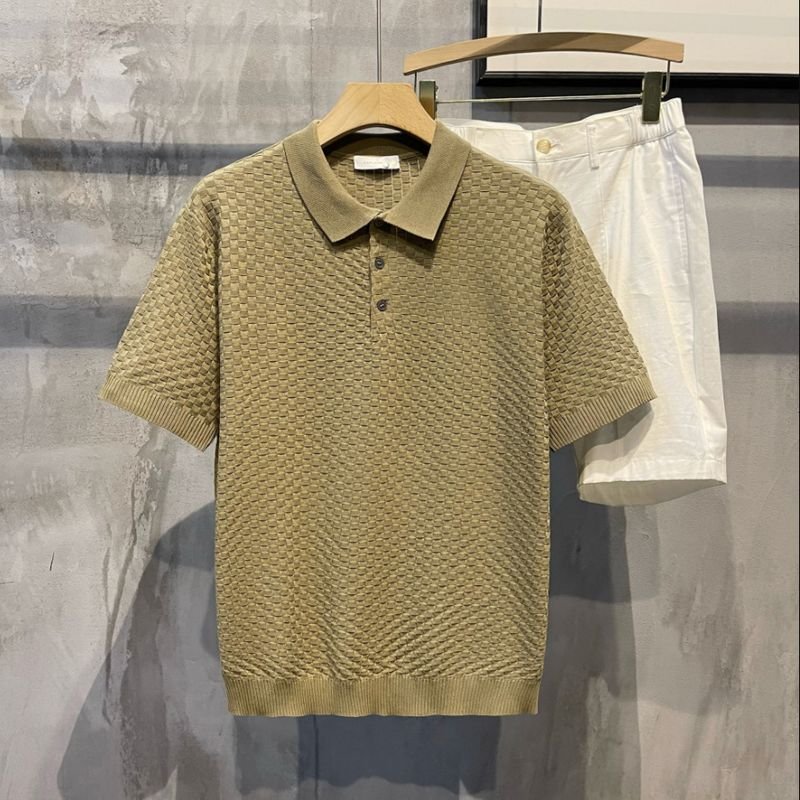 Men Fashion Casual Basic Solid Color Rib-Knit Short Sleeve Lapel POLO Shirt