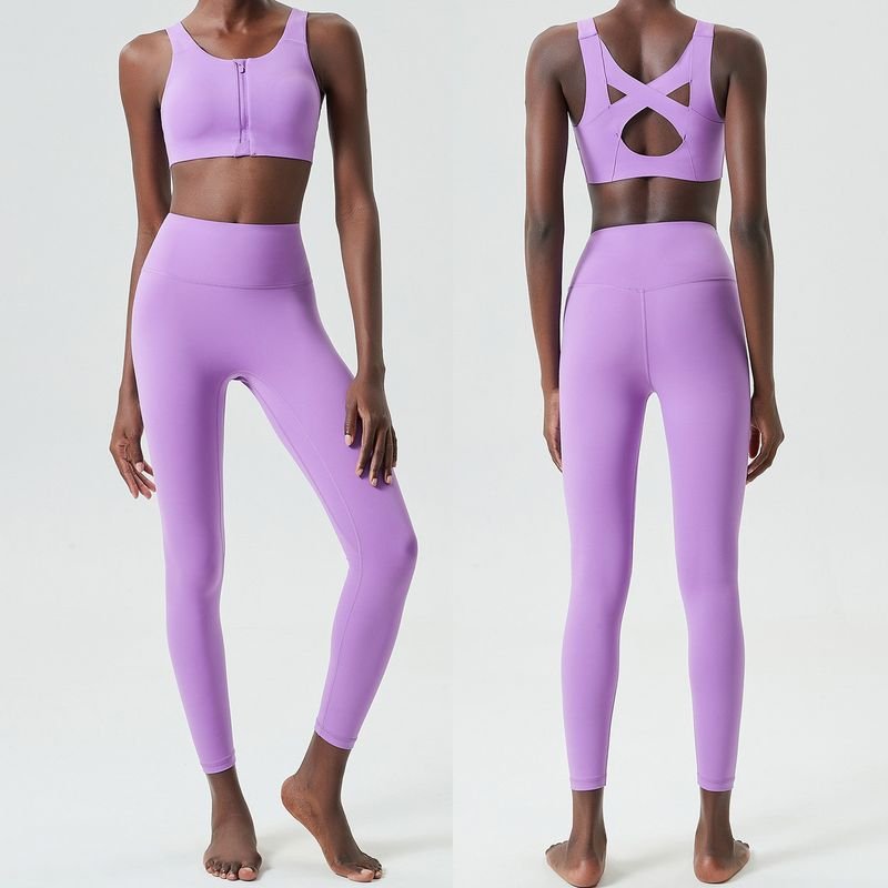 Women Casual Solid Color Shock-Proof Running Fitness Tight Top Yoga Pants Two-Piece Set