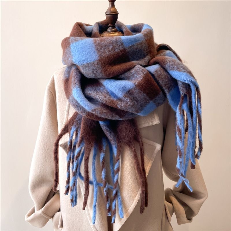 Autumn Winter Women Fashion Plaid Thickened Warm Tassel Scarf