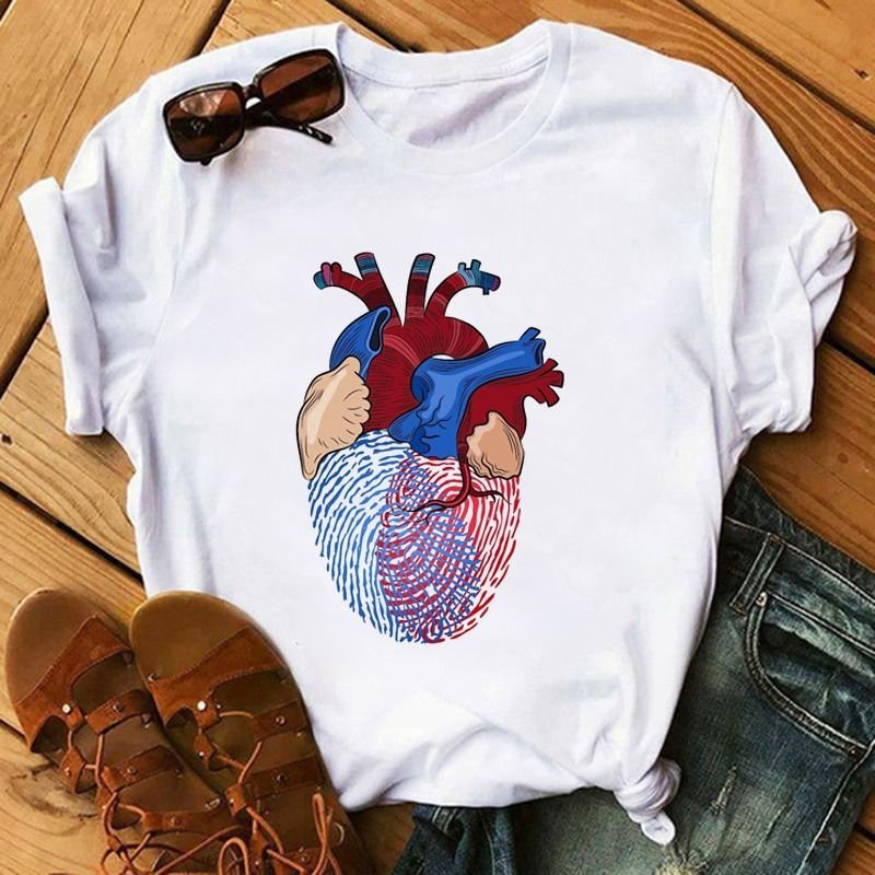 Summer Women Fashion Heart Floral Print Round Neck Short Sleeve T-Shirt