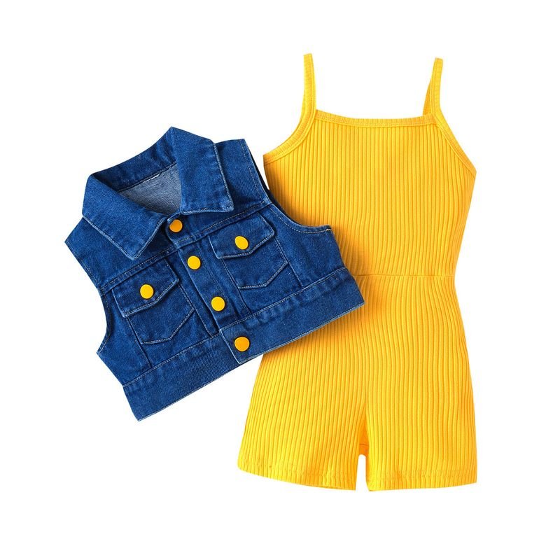 Kids Toddler Girls Fashion Casual Sleeveless Denim Vest Rib-Knit Jumpsuit Sets