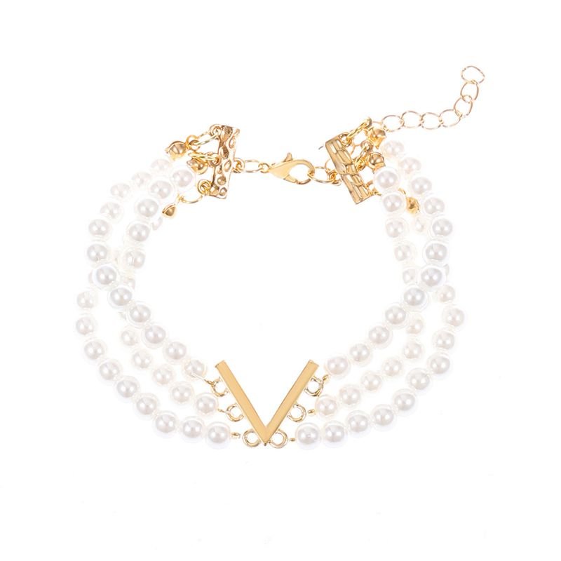Women Fashion Creative V-Neck Pearl Multi-Layer Necklace Bracelet