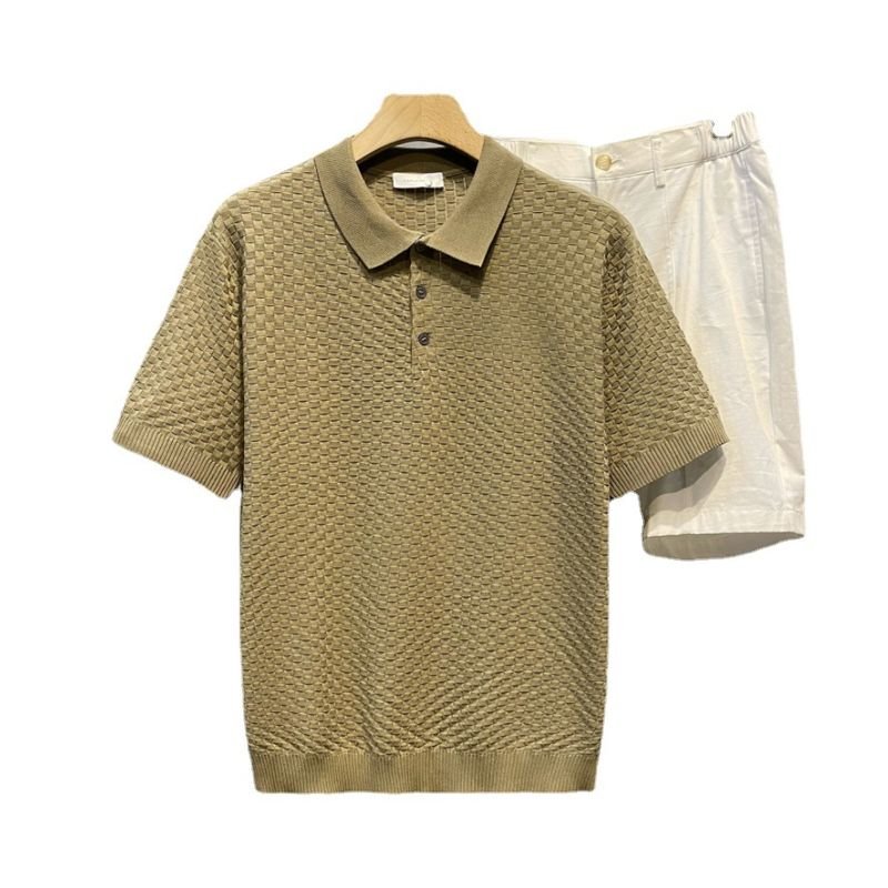 Men Fashion Casual Basic Solid Color Rib-Knit Short Sleeve Lapel POLO Shirt